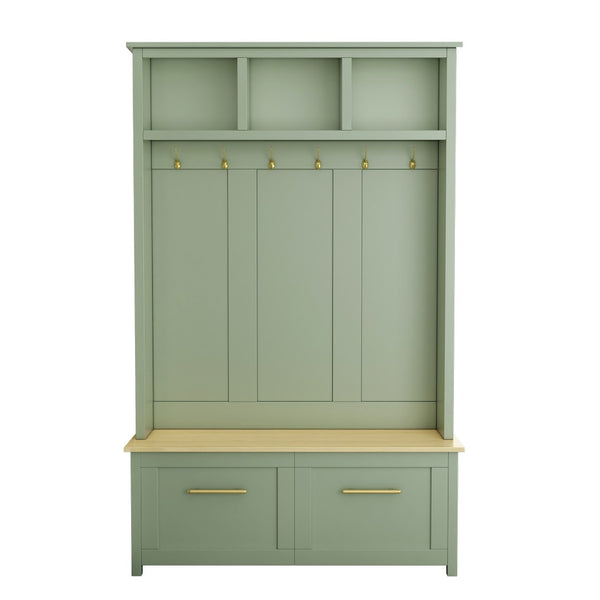 English Elm On-trend Entryway Hall Tree with Gold Hooks Bench Drawers and Shoe Cabinet Storage Mint Green N721S000056M-1