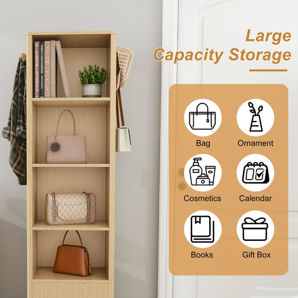 English Elm 360° Rotating Tower Cabinet with Full Length Mirror Open Shelving and Jewelry Storage Walnut W509P456173