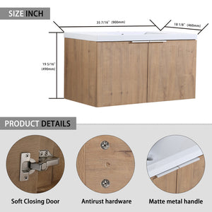 English Elm 84" Wall-Mounted Bathroom Vanity With Soft-Close Doors & Resin Sinks - Modern Storage Solution! W999S00230