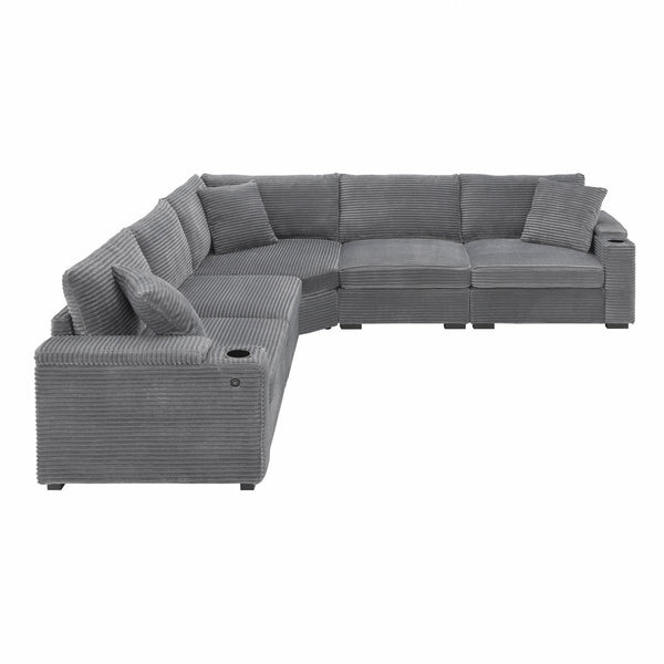 English Elm 106" Convertible L Shaped Sectional Sofa with Corduroy Upholstery, Armrest Storage, USB Charging Hub, Cup Holders, Modular Comfort for Living Room Gray N723S0187E