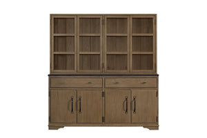 English Elm 2 Piece Cabinet Hutch and Buffet Cashew — Solid Wood + MDF, Concrete Top, Framed Glass Display, Ample Storage Almond 74.75 L x 17.5 W x 45 H B2699S00095
