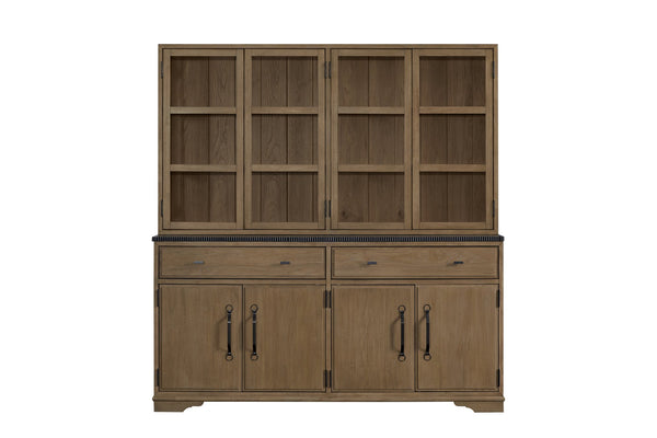 English Elm 2 Piece Cabinet Hutch and Buffet Cashew — Solid Wood + MDF, Concrete Top, Framed Glass Display, Ample Storage Almond 74.75 L x 17.5 W x 45 H B2699S00095