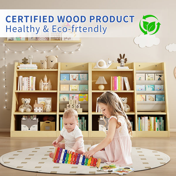 English Elm Wooden Montessori 4-Tier Kids Bookcase with 3 Deep Sling Pockets, Sturdy MDF Organizer for Playroom W2876P233535