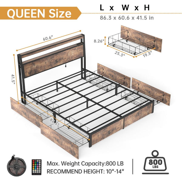 English Elm Queen Metal Platform Bed with Rgb Led Headboard Charging Station and Underbed Storage T3963P482749