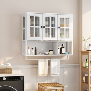 English Elm Bathroom Wall Cabinet with 3 Doors and Glass Panel, MDF Storage Cabinet with Towel Bar, Modern 35.6"L x 10.2"W x 32.5"H White W757P329727