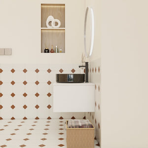 English Elm 30" Floating Wall Mount Bathroom Vanity Open Shelf Ceramic Vessel Sink Modern White White + Light Oak,White+Black W3450S00060