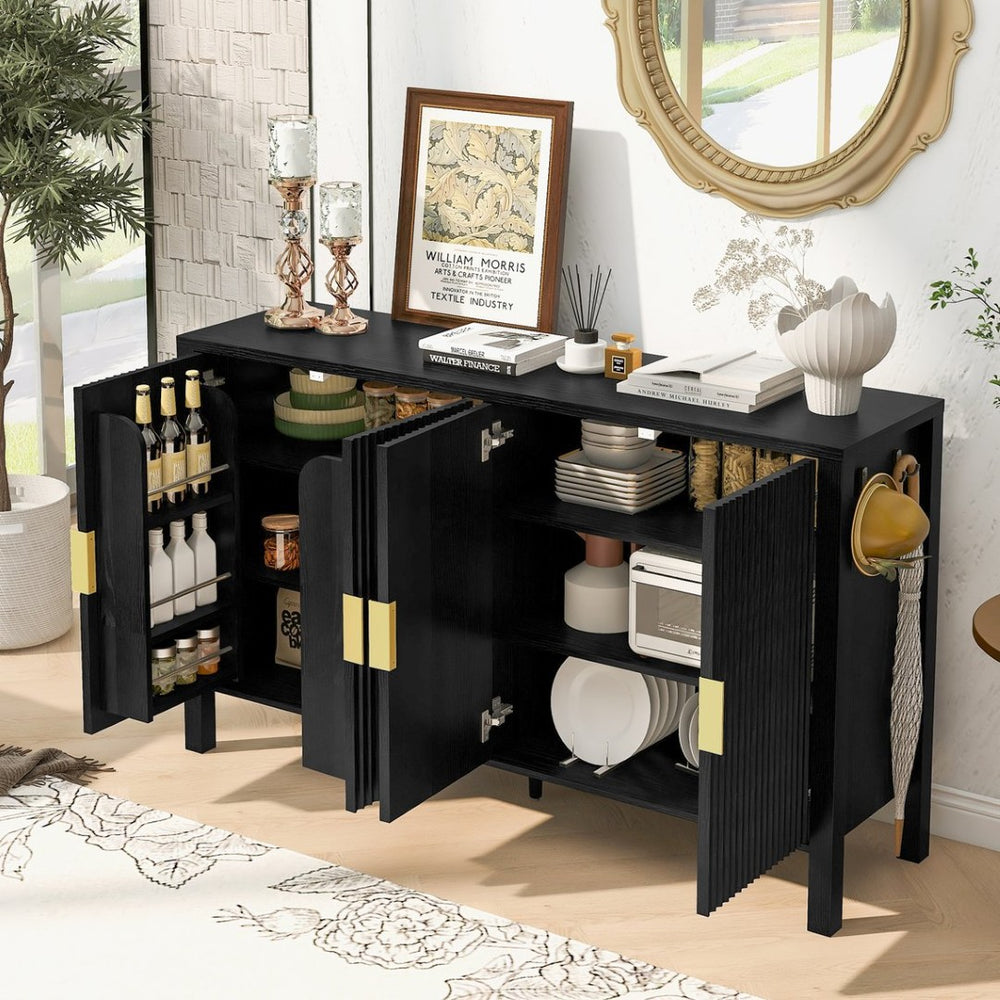 English Elm U_style Striped Four Door Sideboard Mdf Buffet Cabinet with Adjustable Shelves for Dining Black N711P345170B
