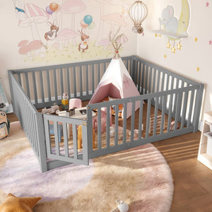 English Elm Twin Floor Bed Pine Wood Frame with Guardrails and Door for Safe Toddler Sleep Gray W1580P418052