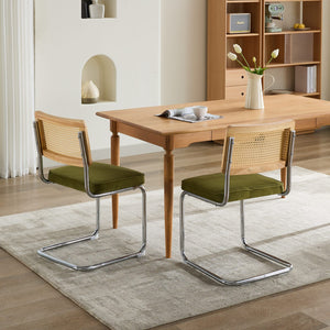 English Elm Mid Velvet Mid Century Dining Chair with Rattan Back, Solid Wood Frame, Plush Velvet, 360lb Capacity Olive Green W1143P168320