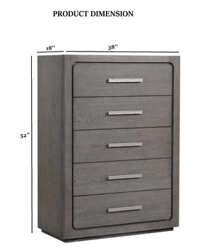 English Elm Unique Contemporary Chest with Cultured Stone Top, Reeded Panels, Silver Accents, Dovetail Drawers and Chrome Legs Warm Grey 42 L x 22 W x 56 H B2741P370873