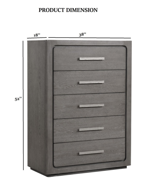 English Elm Unique Contemporary Chest with Cultured Stone Top, Reeded Panels, Silver Accents, Dovetail Drawers and Chrome Legs Warm Grey 42 L x 22 W x 56 H B2741P370873
