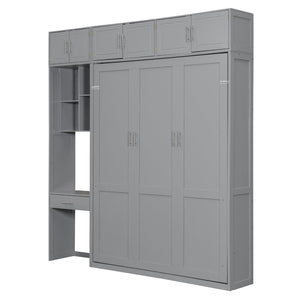 English Elm Queen Murphy Bed with Integrated Desk Cabinet Shelves Space Saving Studio Solution Gray N708S00021E-1
