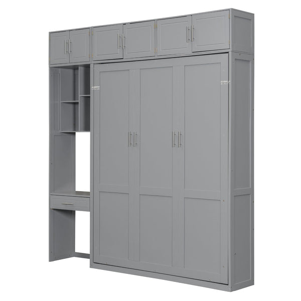 English Elm Queen Murphy Bed with Integrated Desk Cabinet Shelves Space Saving Studio Solution Gray N708S00021E-1