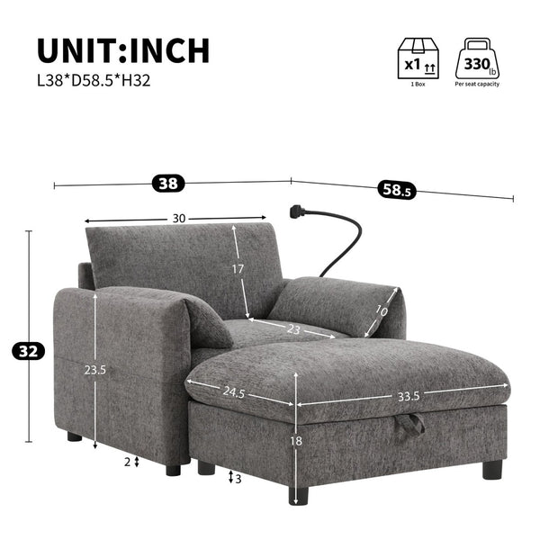 English Elm 38" Chenille Chaise Lounge with Storage Ottoman Usb Charging and Armrest Pockets N723P303462E