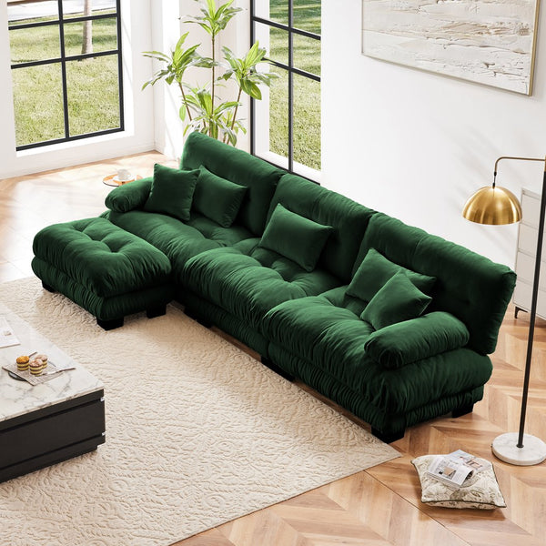 English Elm Luxury Modular Chenille Sectional Sofa — Oversized Convertible L-Shape Cloud Couch with Deep Seats & Ottoman, Green W714S01235