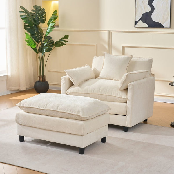 English Elm 39.4" Chenille Club Chair with Ottoman Solid Wood Frame for Living Room or Bedroom Beige W3244P392643
