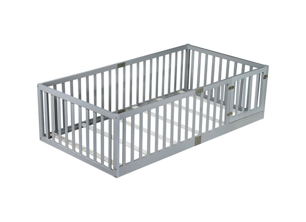 English Elm Twin Floor Bed Solid Rubber Wood with Tall Safety Railings for Toddler Sleep Grey W504P287651