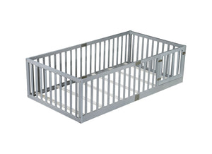 English Elm Twin House Frame Floor Bed Rubberwood with Roof Canopy and Safety Rails for Kids Grey W504P429537
