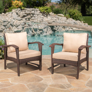English Elm Christopher Knight Home® - HONOLULU Woven Rattan Club Chair Set — Durable PE Rattan & Iron Frame, Waterproof Fabric, Cozy Seating Brown+Tan 52918.00BRNMP2