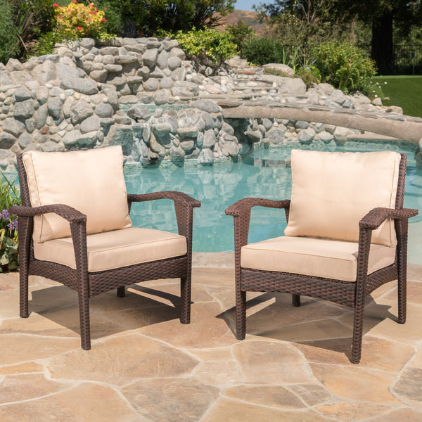 English Elm Christopher Knight Home® - HONOLULU Woven Rattan Club Chair Set — Durable PE Rattan & Iron Frame, Waterproof Fabric, Cozy Seating Brown+Tan 52918.00BRNMP2