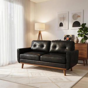 English Elm 65-inch Two Seat Sofa Breathable Foil Fabric Diamond Quilted Back Solid Wood Legs Black W5568P478823