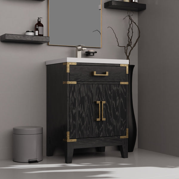 English Elm Black Oak Single Bath Vanity - 24" W X 18" D, Fully Assembled, Soft-Close Doors, Space-Saving Design B2731P260890