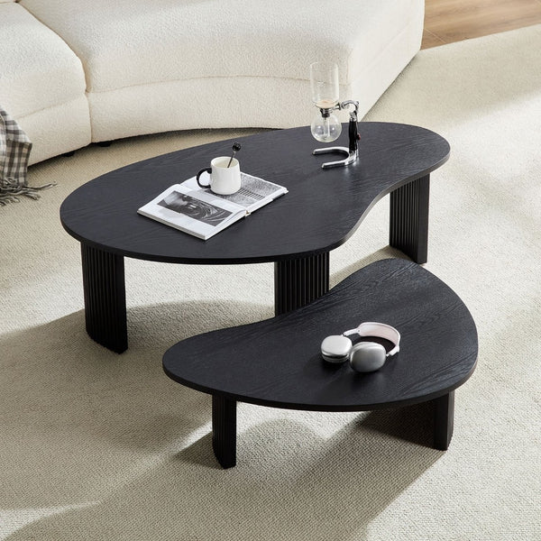 English Elm 2-piece Asymmetrical Nesting Coffee Table Set Sculptural Mdf Organic Shapes Living Room Black W2582P402266