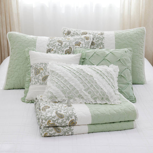 English Elm 6 Cotton Percale Quilt Set Full/Queen with 3 Decorative Pillows Breathable Printed Cotton Blend Comfort Sage Green 22.83 L x 17.72 W x 7.09 H B035P294112