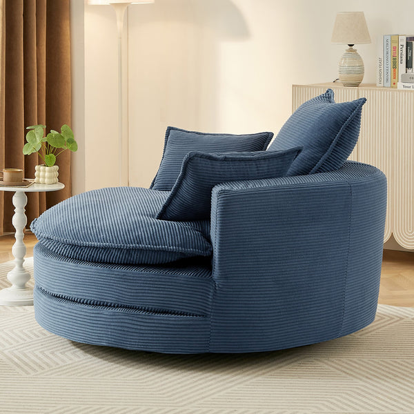 English Elm 360° Oversized Swivel Lounge Chair with 38" Deep Seat Dual-Layer Cushion Corduroy Accent Pillows Blue N719S002100C