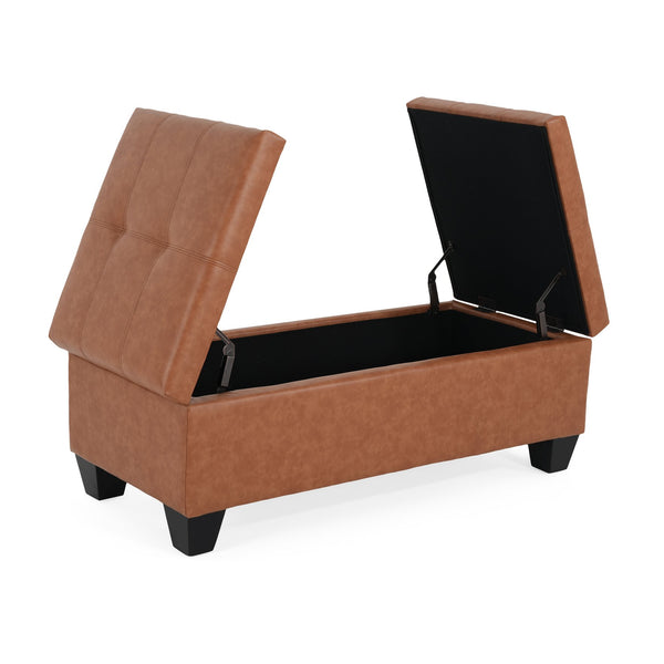 English Elm Christopher Knight Home® - LANISTER Storage Ottoman DBL TOP - Brown/Tan PU Leather, Sturdy Wood Frame, Cushioned Seating & Hidden Storage (47x22x18.25) N757P263031T