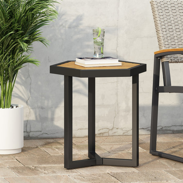 English Elm Christopher Knight Home® - NAHANNI Acacia Wood & Powder-Coated Metal Side Table in Beige — Modern Industrial Outdoor Accent 69970.00