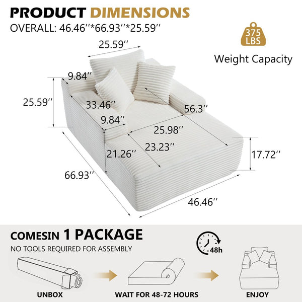 English Elm 67" Oversized Corduroy Chaise Lounge Sofa with Wide Armrests and Convertible Sleeper Design W1803P354563