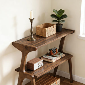 English Elm Storage Side Table Solid Wood Cherry Finish Two Open Shelves for Slim Space Entryways T3971P450545