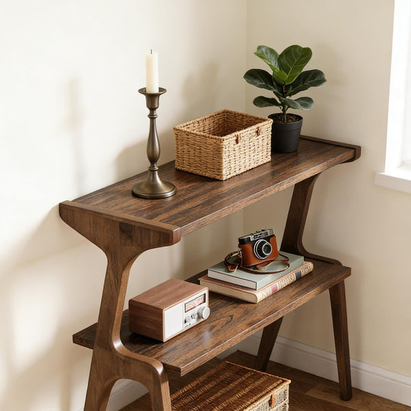 English Elm Storage Side Table Solid Wood Cherry Finish Two Open Shelves for Slim Space Entryways T3971P450545
