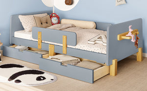 English Elm Twin Low Profile Kids Floor Bed Pine Wood Frame with Safety Rail and Built in Bookshelf Gray W1580P373243