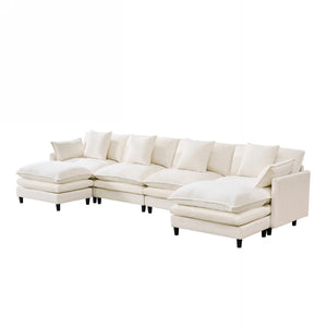 English Elm 140.9-inch U-shaped Modular Sectional Sofa with Ottomans Chenille Cloud Cushions Beige W288S00029