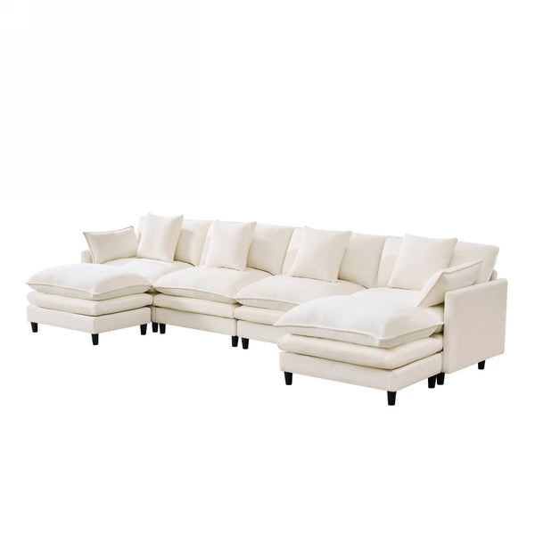 English Elm 140.9-inch U-shaped Modular Sectional Sofa with Ottomans Chenille Cloud Cushions Beige W288S00029
