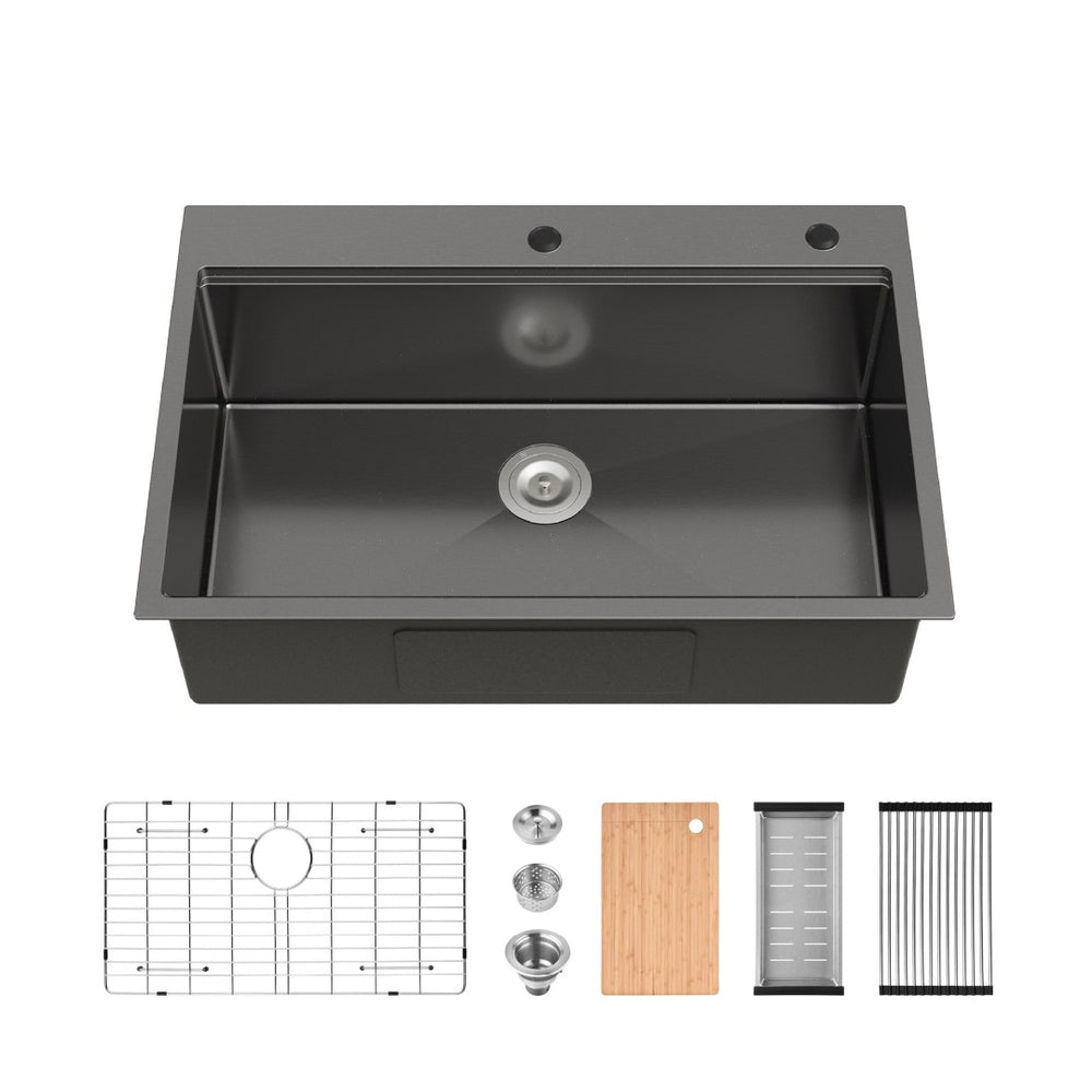 English Elm Stainless Steel Handmade Matte Black Workstation Sink with Colander and Cutting Board T3177P286038