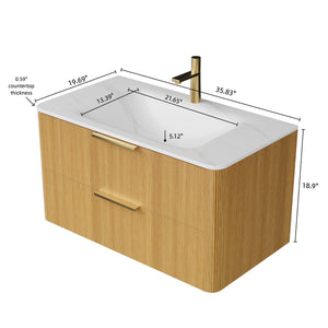 English Elm ZANE 36" Bathroom Vanity with Integrated Hot-Press Sintered Stone Basin, Floating Plywood Cabinet, Soft-Close Drawers and Moisture-Resistant Finish Carrara White,Light Oak W2615P360726