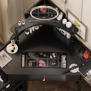 English Elm Corner Vanity Desk Set with Stool Charging Station Glass Top Pull-Out Cabinet Jewelry Organizer Black 35.82 L x 32 W x 8 H N733P336237B