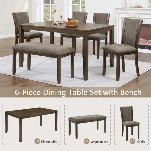 English Elm 6-Piece Rustic Dining Table Set With Bench & Chairs For 6, Dark Walnut Finish, Farmhouse Charm W1998S00086