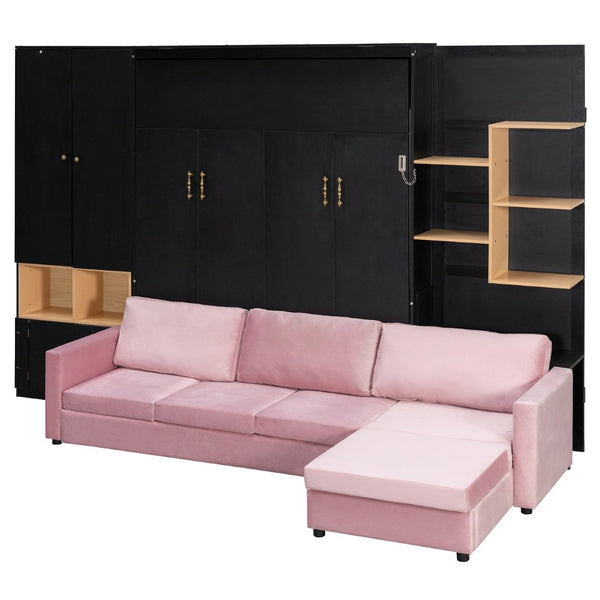 English Elm Queen Murphy Wall Bed with Velvet Sofa Built in Shelves Cabinets and Reading Lights Black LP000393AAB