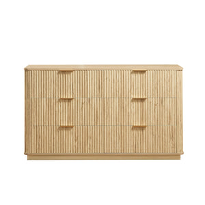 English Elm 6 Drawers Dresser Stylish 55" Wide Curved Wave Chest with Ample Storage, Sturdy Top for TV Use Oak W1820P324617