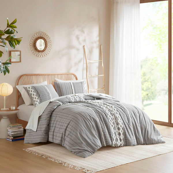 JLA Home INK+IVY - Cotton Imani Tufted Chenille Duvet Cover Mini Set – Breathable 100% Cotton, Geometric Texture, OEKO-TEX Certified Gray II12-1092