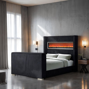 English Elm Black Eastern King Platform Bed Wingback Headboard with Motorized Tv Lift Fireplace Black,Multi B2741S00798