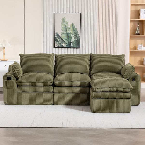 English Elm L Shaped Corduroy Modular Sectional with Cloud Cushions Footstool and Lumbar Pillows Emerald W395S00139