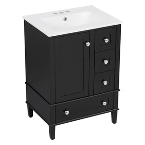 English Elm 24-inch Matte Bathroom Vanity Rubberwood Cabinet with Ceramic Sink and Soft-close Drawers Black N729P377516B
