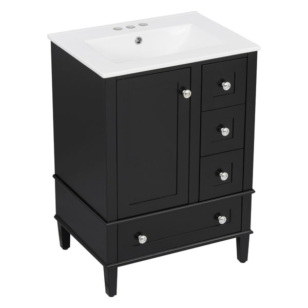 English Elm 24-inch Matte Bathroom Vanity Rubberwood Cabinet with Ceramic Sink and Soft-close Drawers Black N729P377516B