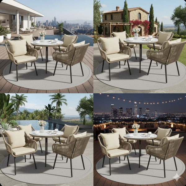English Elm 5-piece Outdoor Wicker Patio Dining Set with Tempered Glass Table and Umbrella Hole Beige+Brown B082S00074