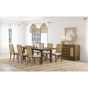 English Elm Jamie Rattan Back Trestle Dining Set with Extendable Table and Upholstered Seats B062S01595